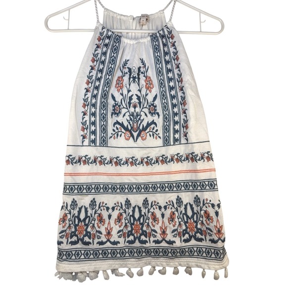 Cream Tops - Skies Are Blue Embroidered Boho Peasant Dress Medium Floral Cream Tank
